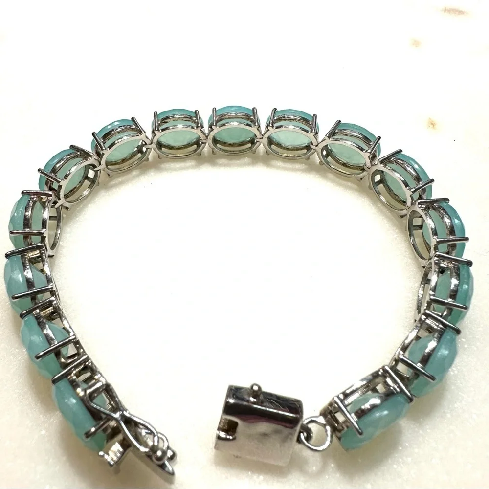 Oval Faceted Aqua Blue Chalcedony Sterling Silver Line Tennis Bracelet 12mm